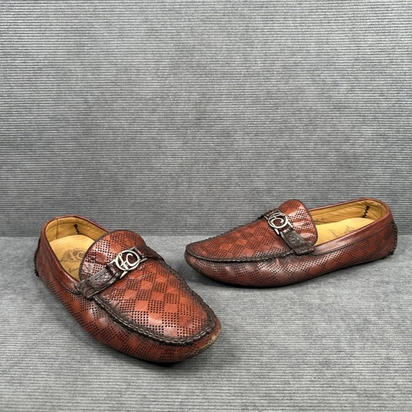 Franco Cuadra Perforated Leather Driving Loafers Cognac Brown Exotic Trim